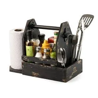 Distressed Wood BBQ Caddy with Paper Towel Holder and Three Utensil Holder - Ideal Organizer for Picnic Condiment and Outdoor Grill Accessories - Sturdy Iron Handle and Classic Bottle Opener