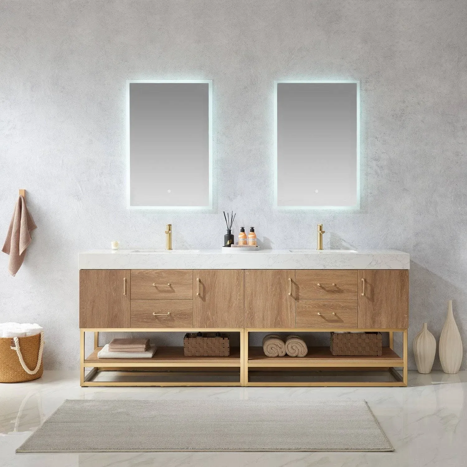 Vinnova Alistair 84" Double Vanity in North American Oak with White Grain Stone Countertop with Mirror