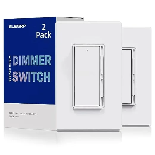 ELEGRP Dimmer Light Switch for 300W Dimmable LED/CFL Lights and 600W INC/HAL Bulbs, Single Pole/3-Way LED Slide Dimmer Light Switch, Wall Plate Included, UL Listed, 2 Pack, White