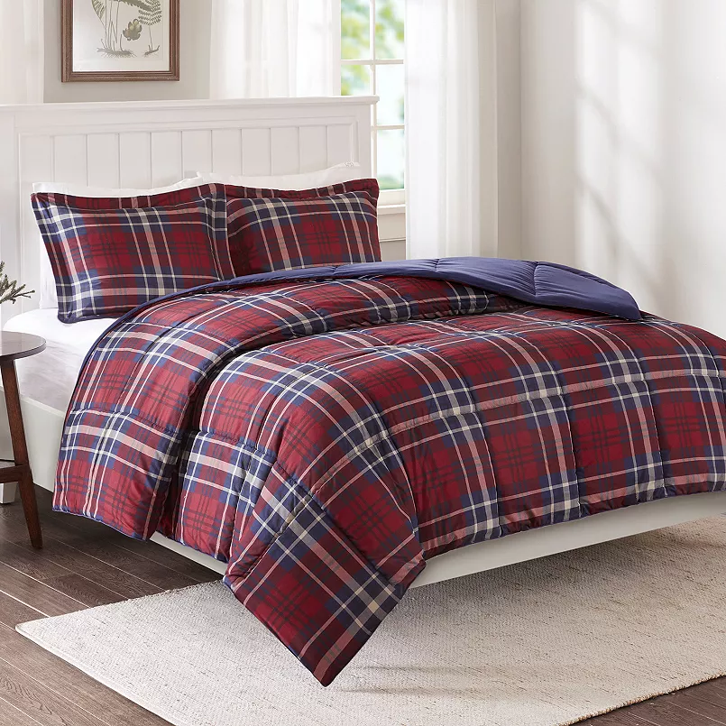 Madison Park Essentials Parkston Plaid Comforter, Matching Sham, 3M Scotchguard Stain Release Cover, Hypoallergenic All Season Bedding-Set, Full/ Queen, Maroon