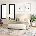 Taylor & Logan Hilton Beige Faux Linen Upholstered Platform Bed with Wingback Headboard, Slatted Support System - Twin