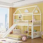 Twin Over Twin Bunk Bed, House Bed with Slide and Ladder, White-ModernLuxe