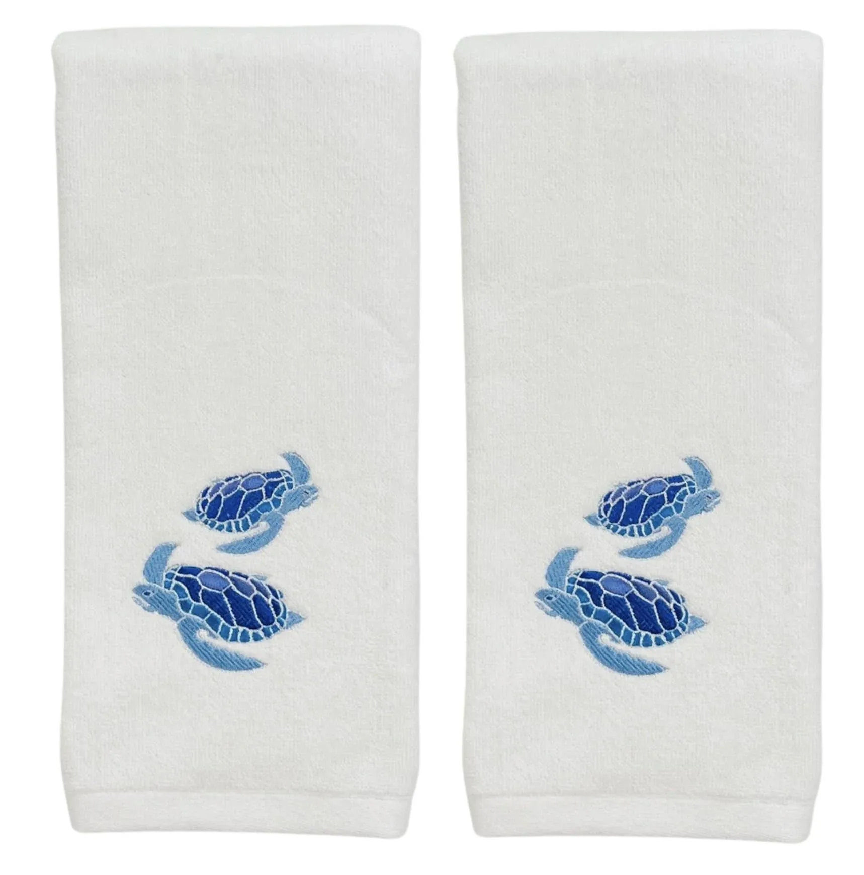 Summer Soft Absorbent Guest Bathroom Sea Turtle Hand Towels: Aqua Blue Turquoise Royal Blue Embroidery Design, 2 Piece