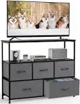 DUMOS TV Stand Dresser for Bedroom Entertainment Center with 5 Fabric Drawers Storage Organizers Units, Media Console Table with Open Shelf Up for