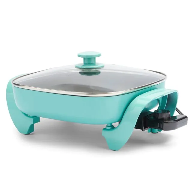 GreenLife Healthy Ceramic Nonstick, 12" 5QT Square Electric Skillet with Glass Lid, Dishwasher Safe, Adjustable Temperature Control, PFAS-Free, Turquoise