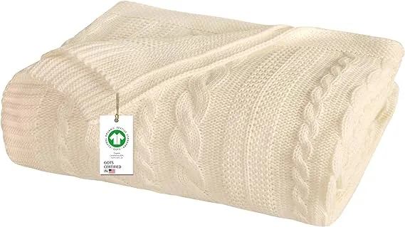 Delara Organic Cotton Throw Blanket 50x70 Inches, GOTS Certified Cable Knitted Throws Blanket for Sofa Couch Bed, Baby Nursery - Natural