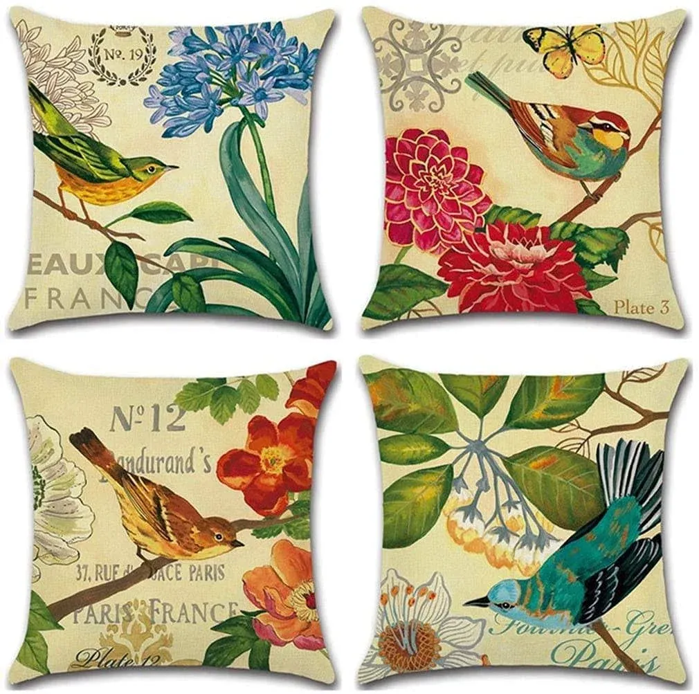 Sistwon Set of 4 Linen Throw Pillow Cover 18X18 Inch Spring Vintage Bird and Flo