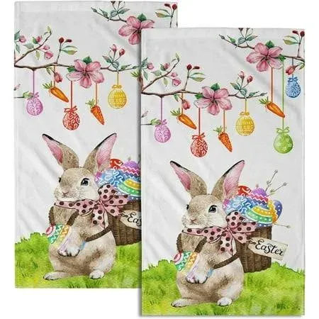 Easter Bunny Hand Towels Colorful Eggs Small Bath Towels Soft Guest Face Towel for Bathroom Hotel Gym Spa Decor Set of 2