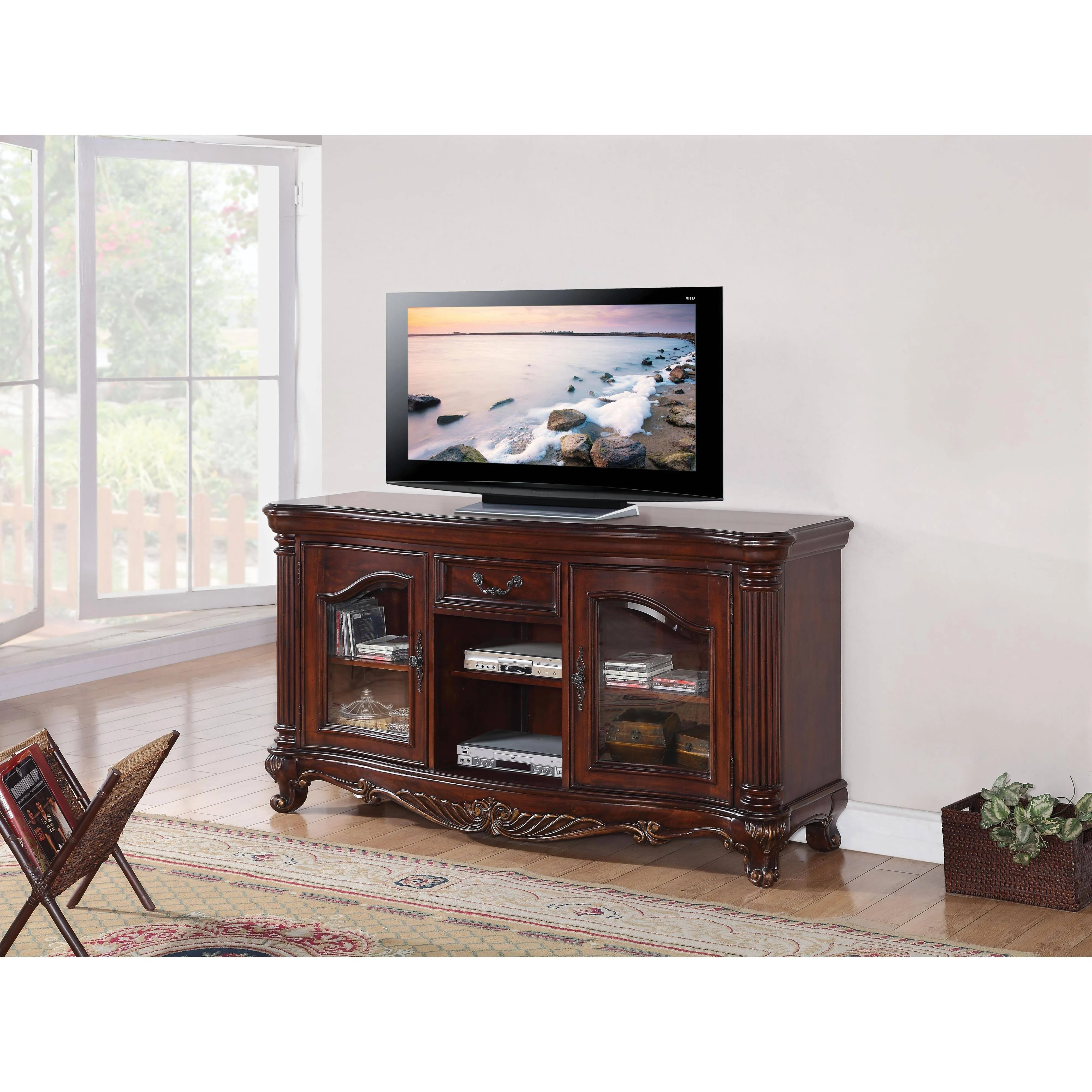 Acme Furniture Remington TV Stand with 2 Glass Doors, Brown Cherry