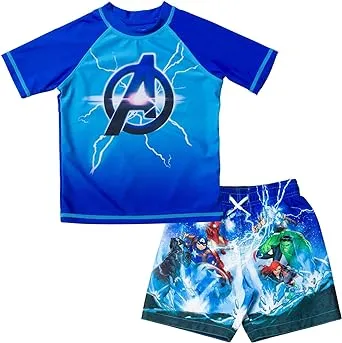 Marvel Spider-Man Avengers Toddler Boys UPF 50+ Rash Guard and Swim Trunks Outfit Set Toddler to Big Kid