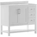 Flash Furniture Vega 42 Inch Bathroom Vanity with Sink, Storage Cabinet with Soft Close Doors, Open Shelf and 3 Drawers, Carrara Marble Finish Countertop, White/White