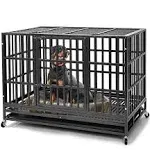 Upgrade 48 Inch Heavy Duty Indestructible XL Dog Crate Steel Escape Proof, Indoor Double Door High Anxiety Cage, Kennel with Wheels, Removable Tray, Extra Large XL XXL