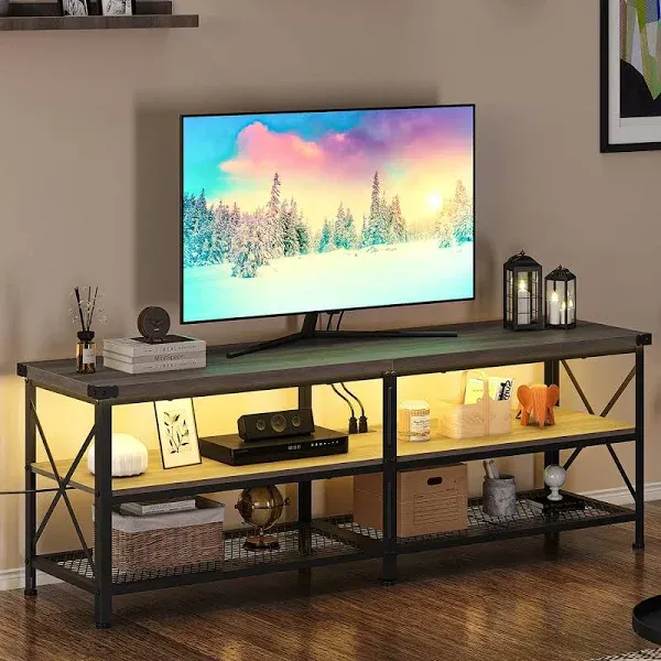 GARVEE LED TV Stand, Entertainment Center for 70 inch TV Media Console Table, Gaming TV Stand with Storage Shelves and Power Outlets, Industrial TV Console Furniture for Living Room