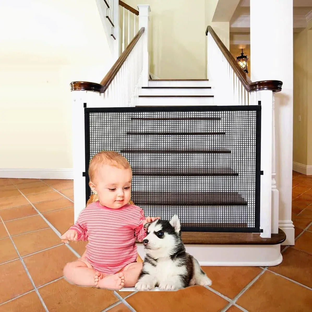 Baby Gate for Stairs No Drilling - 43.3" W x 28.3" H Retractable Dog Gate Baby Gate for The House Mesh Baby Gate for Stair No Drilling Pet Gate Puppy Gate for Stairs & Doorways