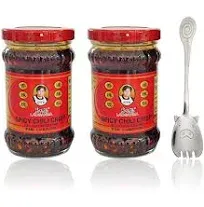 Lao Gan Ma Spicy Chili Crisp Sauce 老干媽香辣脆油辣椒 | Roasted Sichuan Pepper Flakes in Hot Chile Oil - Chinese Condiment Topping | 7.41oz 210g (2 jars) + 1 Cute Pig Tail Spoon Spork by Twin Fortune Foods