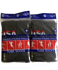 USA Sport Men's Cotton Athletic Tube Socks Size 9-15 Made in USA (Black, 12)