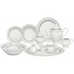 57 Pcs Porcelain Dinnerware Set Service for 8, Cris Cross Silver Design Border