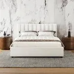 Jaxon Upholstered Platform Bed with Vertical Channel Tufted Headboard | Box Spring Not Required | White Boucle, King