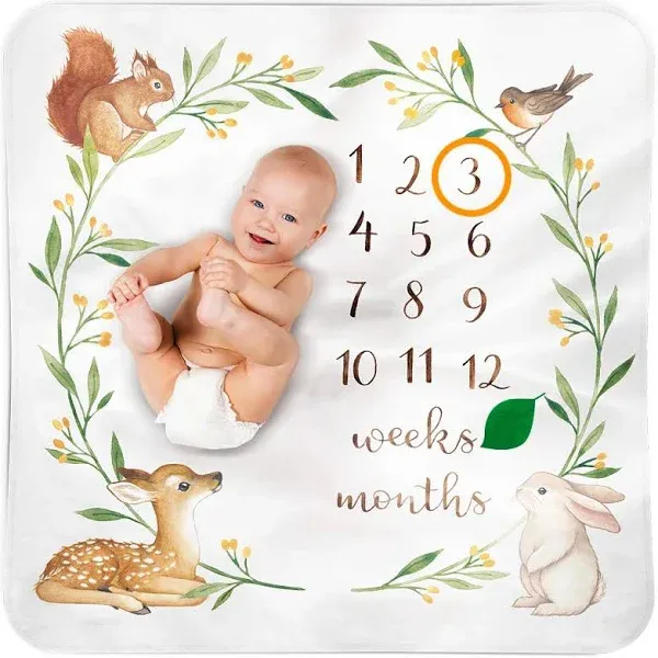 Bubzi Co Baby Monthly Milestone Blanket, Soft Woodland Photo Blanket for Baby Boy & Baby Girl, Nursery Bed Blanket, Newborn Essentials, Baby Registry Must Haves