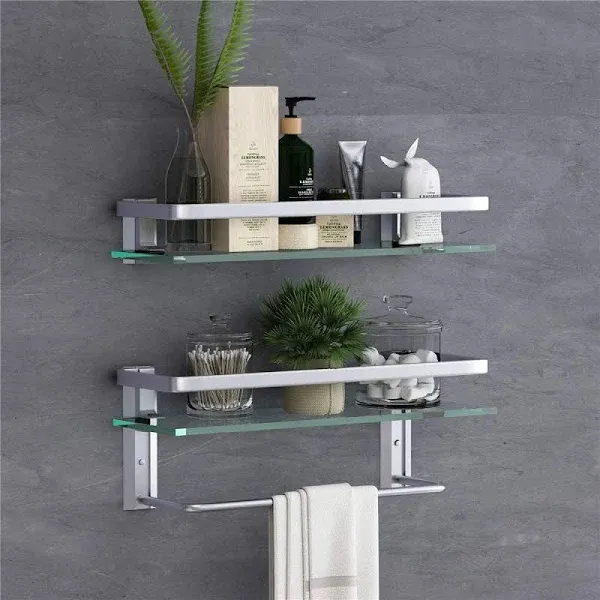 VOLPONE Glass Bathroom Shelf 15.7in Bathroom Shelf Wall Mounted Floating Glass Shelves with Towel Holder Glass Shelf for Bathroom 2 Tier (Sliver)