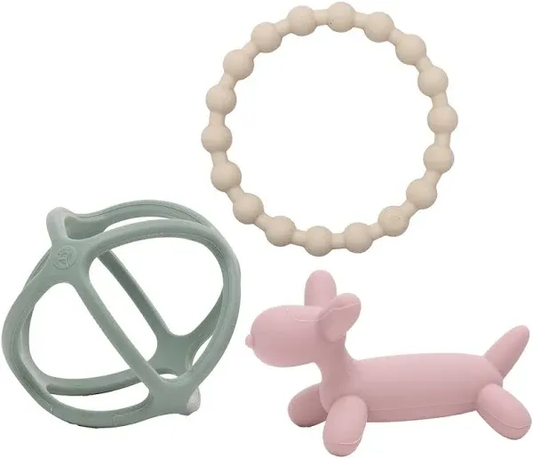 WeeSprout Handheld Teether Set (Matte Green, Pink & Off White)