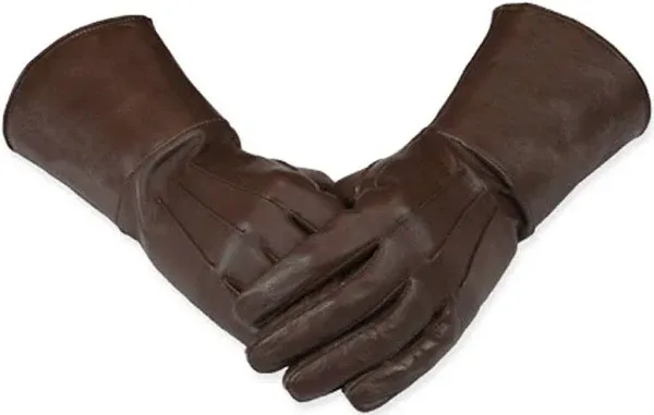 Leather Gauntlet Gloves Long Arm Cuff (Brown, Large)