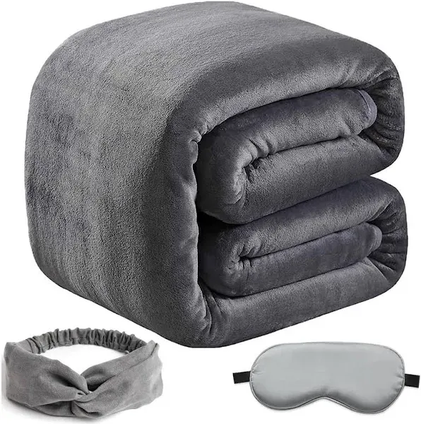 SOFTCARE Fleece 90"*90" Bed Blanket with Eye Mask & Headband, All-Season,Anti-Static,Thicken 350GSM Warm Fuzzy Blanket Lightweight Thermal Blanket for Couch,Bed,and Sofa-Dark Gray, Queen Size