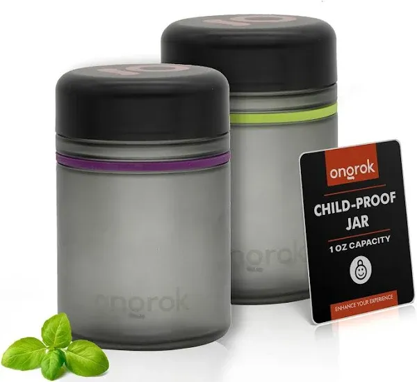 ONGROK Glass Storage Jar, 500ml, 2 Pack, UV Herb/Spice Jar with Child Resistant Lid, Color-Coded Glass Containers Air Proof to Preserve Smell and Aroma, Perfect Size to Store in a Drawer or Cupboard