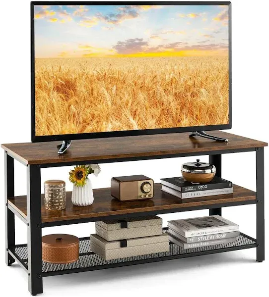 Tangkula Small TV Stand for TVs up to 50 inch, 43.5” Wood Media Entertainment Center w/ 3-Tier Open Storage Shelves, Metal Frame, Farmhouse TV Console Table for Living Room Bedroom (Rustic Brown)