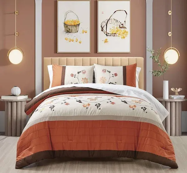 Chezmoi Collection Daphne Bed in a Bag King 7-Piece Comforter Set with Sheets Luxury Autumn Floral Embroidery Orange/Brown/Taupe