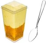 Dlux 100 x 3 oz Mini Dessert Cups with Spoons and Lids, Square Tall - Clear Plastic Parfait Appetizer Cup - Small Reusable Serving Bowl for Party