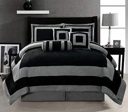 Grand Linen Oversize Black/Grey Comforter Set Micro Suede Patchwork Bed in A Bag Queen Size Bedding