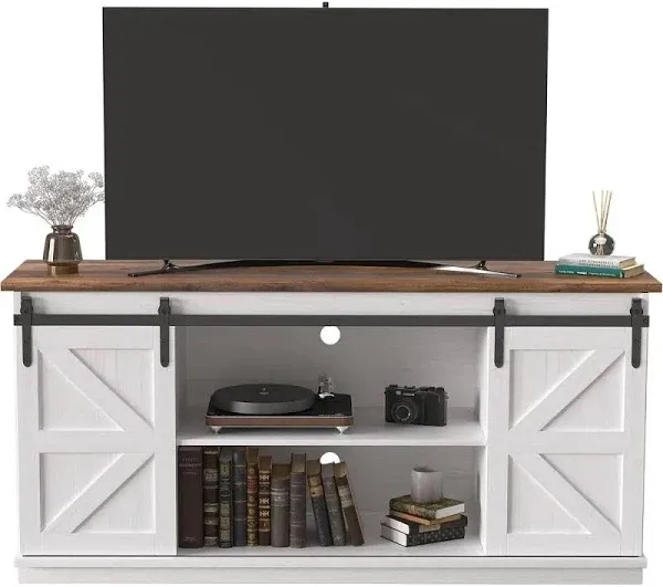 JUMMICO TV Stand for 65 inch TV, Entertainment Center with Storage Cabinets and Sliding Barn Doors, Mid Century Modern Media TV Console Table for