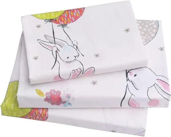 Cute Cartoon Rabbit Bunny 100% Cotton 3 Pieces Twin Sheet Set for Kids Girls Children Flat Sheet + Fitted Sheet + Pillowcase Bedding Decoration Gift Set