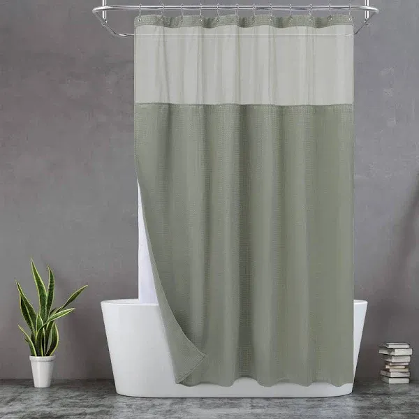 N&Y HOME Waffle Weave Shower Curtain with Snap-in Fabric Liner & Hooks Set - Hotel Style, Waterproof & Washable, Heavyweight Fabric & Mesh Top Window - 71x72, Sage Green