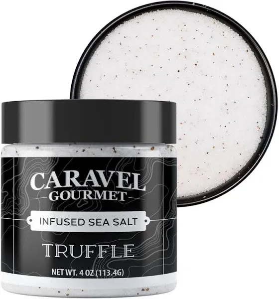 Black Truffle Salt, Truffle Seasoning and Finishing Salt, Add Truffle Flavor to Popcorn, Gourmet Sea Salt Flavored with Italian Black Truffle Oil, 4oz Jar - Caravel Gourmet Salt