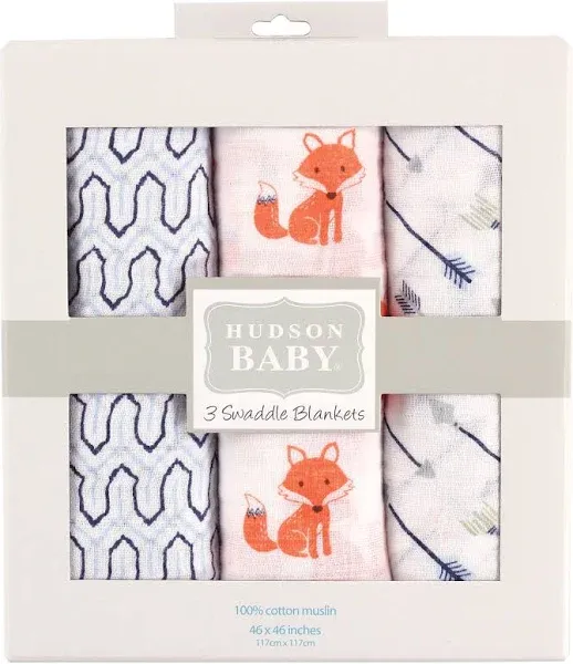 Hudson Baby Unisex Baby Cotton Muslin Swaddle Blankets, Foxes, 3-Pack