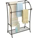 mDesign Large Standing Metal Bathroom Towel Holder Stand with Shelf - 3-Tier Towel Rack Stand for Hanging Bath, Hand, and Fingertip Towels - Towel Stand for Bathroom - Hyde Collection - Soft Brass