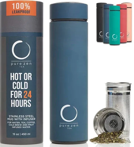 Pure Zen Tea Thermos with Infuser for Tea, Coffee and Fruit-Infused Water - Stainless Steel - Tea Infuser Bottle - Tea Tumbler with Infuser - Leakproof Tea Bottle - Travel Tea Mug - 15oz - Red