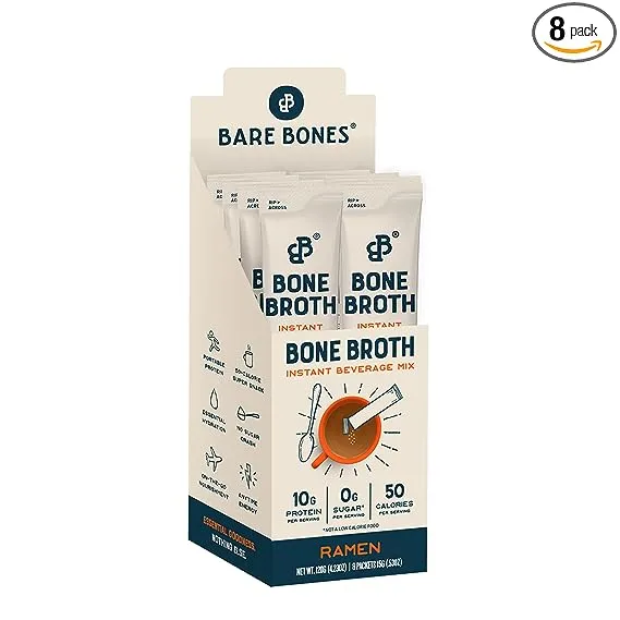 Bare Bones Bone Broth Instant Powdered Beverage Mix, Ramen, Pack of 8, 15g Sticks, 10g Protein, Keto & Paleo Friendly, Non-GMO, Gluten-Free, Dairy-Fr