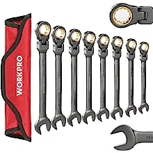 WORKPRO 8-piece Flex-Head Ratcheting Combination Wrench Set, SAE 5/16-3/4 in, 72-Teeth, Cr-V Constructed, Nickel Plating with Organizer Bag 