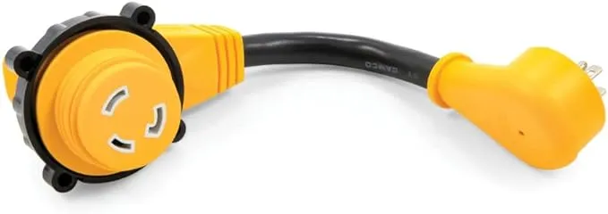 Camco 55636 Power Grip 12" Dogbone with 90M/90F Locking Adapter - 15AM - 30AF, Yellow