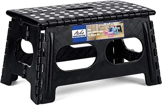 ACSTEP Folding Step Stool,15-Inch Extra Wide 9Inch Height Heavy Duty Stepping Stool More Safe and Comfortable Non Slip Foldable Step Stool for Kids and Adults Black