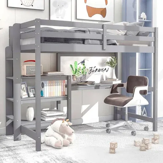 Harper & Bright Designs Twin Size Loft Bed with Desk and Writing Board, Wooden L