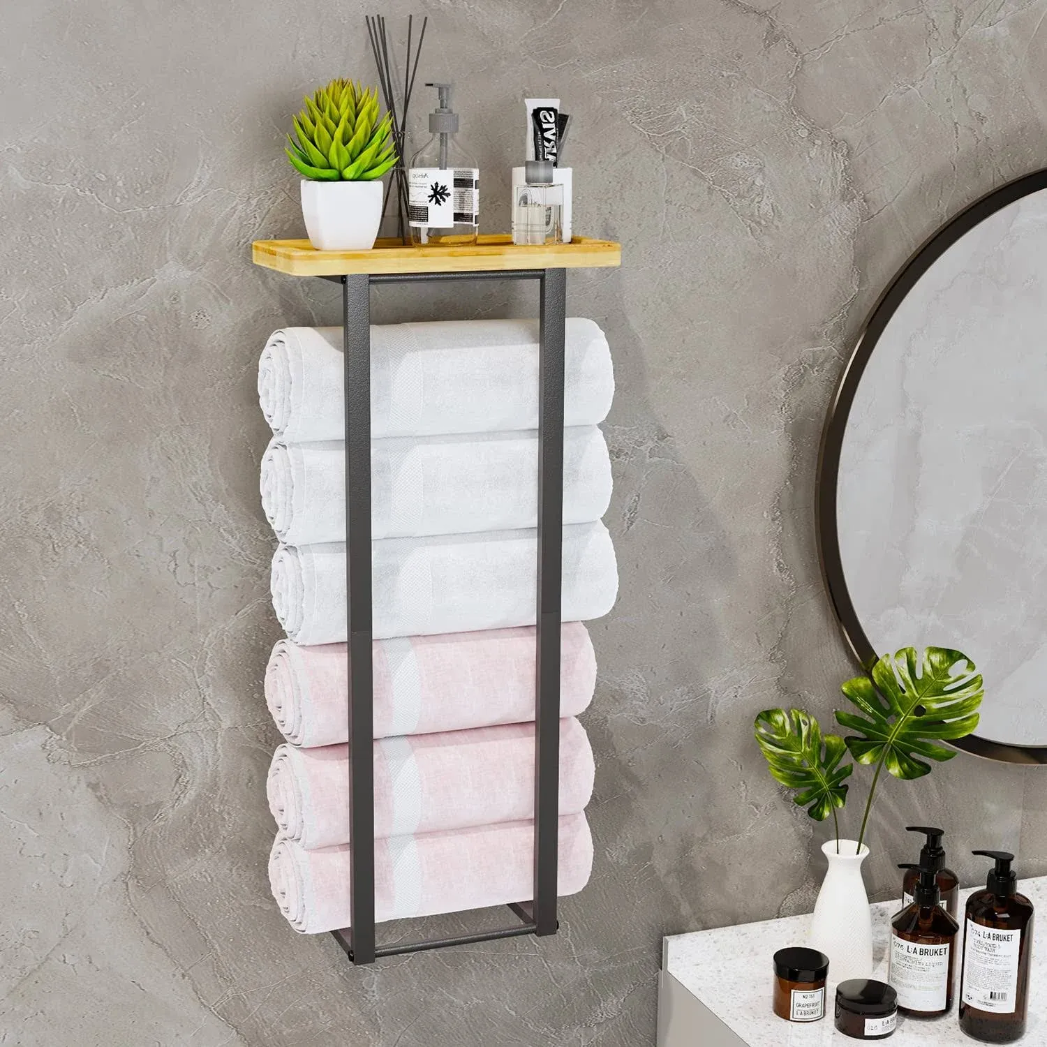 Homeiju Towel Racks for Bathroom, Towel Holder with Storage Shelf, 27 inch Towel Rack Wall Mounted for Small Bathroom, Wall Towel Storage Rack for Rolled Towels