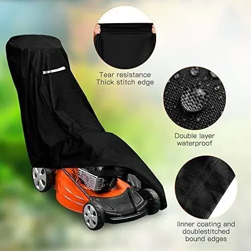 Outdoors Lawn Mower Cover - Heavy Duty 420D Polyester Oxford Waterproof, UV Protection Universal Fit Push Lawn Mower with Drawstring & Cover Storage Bag, Lawnmower Covers for Outdoor Waterproof, Black