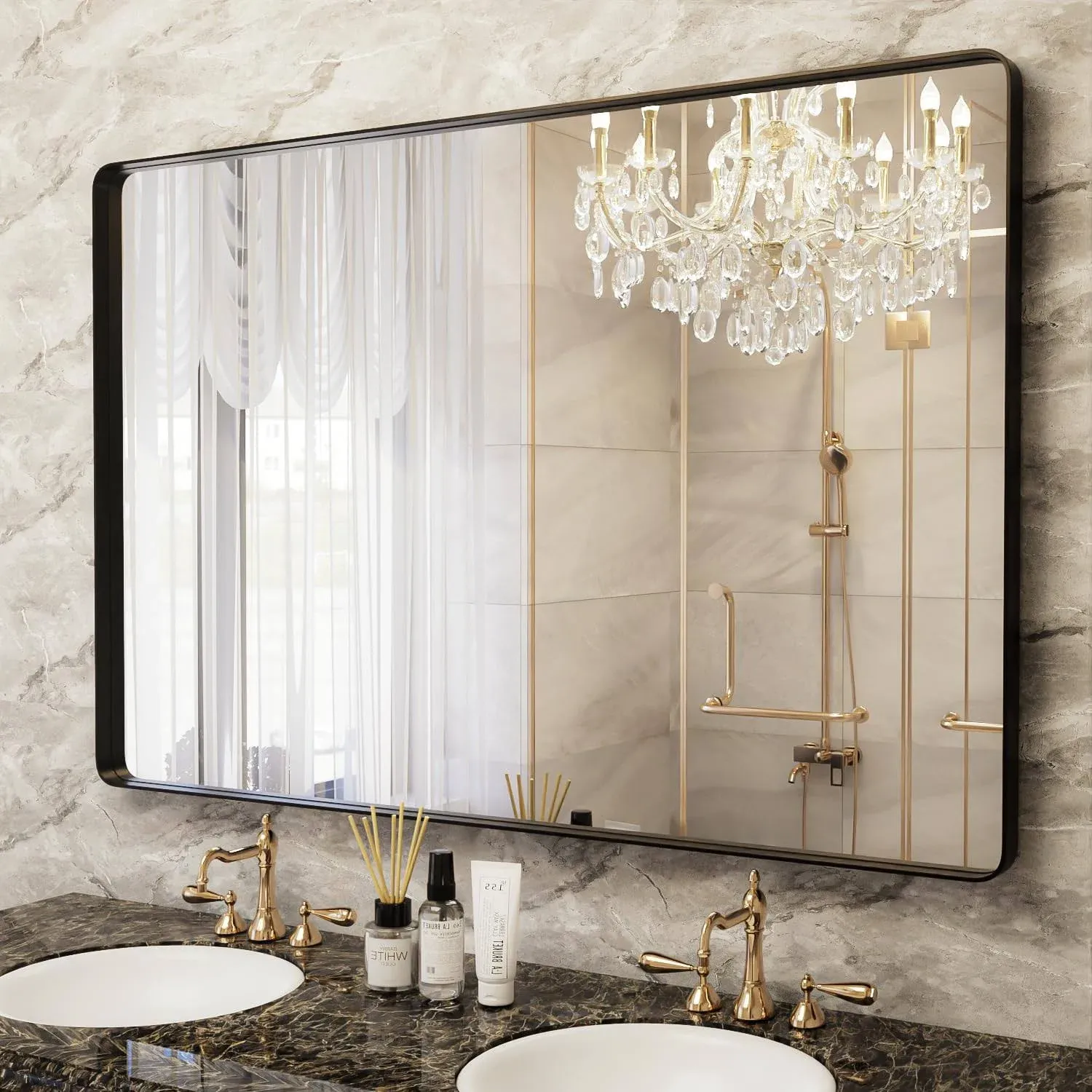 Yamazakura Wall-Mounted Black Bathroom Mirror: 55 X 30, And Other Spaces.