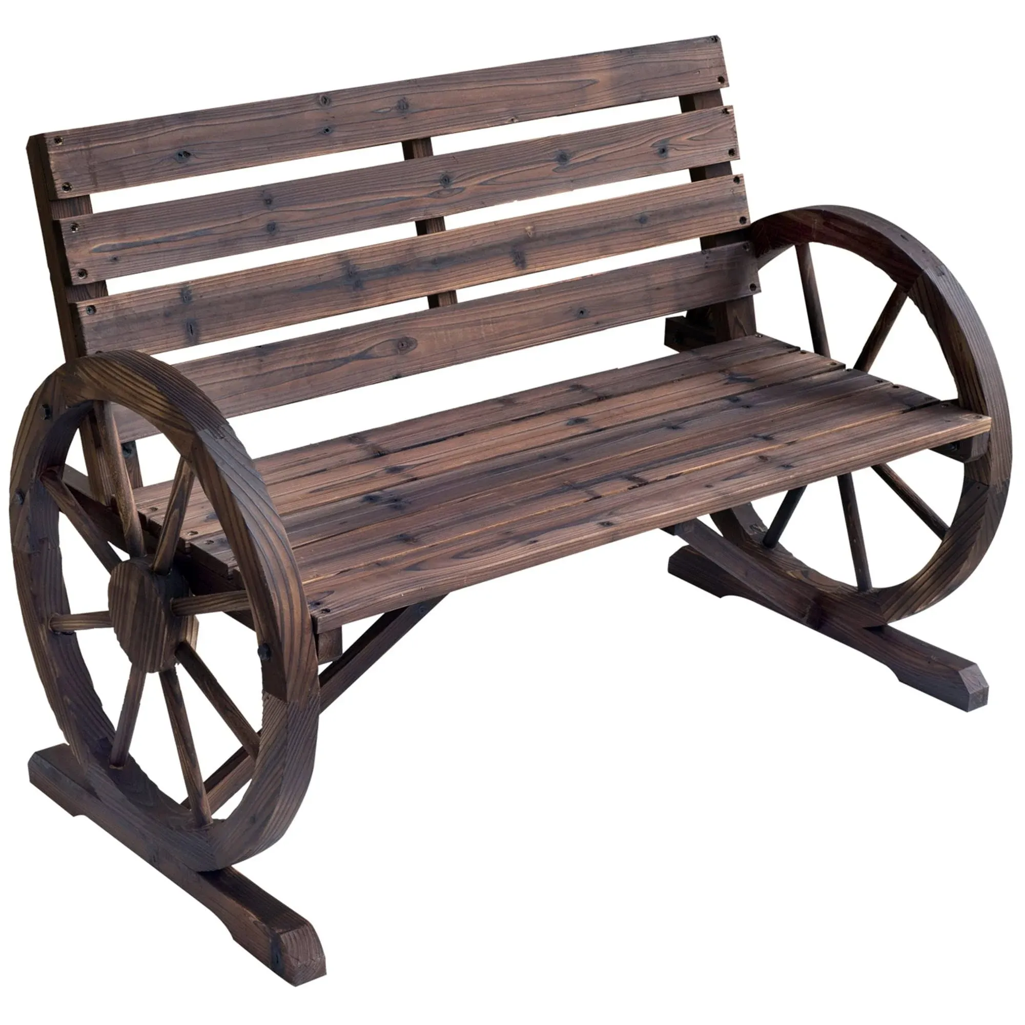 Outsunny Rustic Wooden Outdoor Patio Wagon Wheel Bench Seat