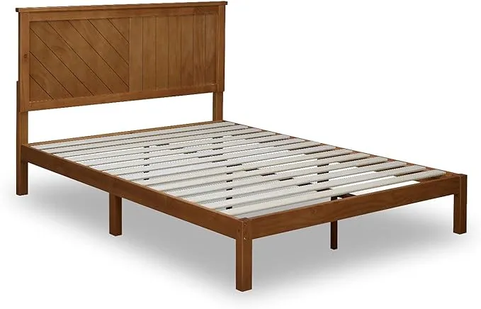 Bikahom Wood Queen Platform Bed with Headboard in Rustic Teak