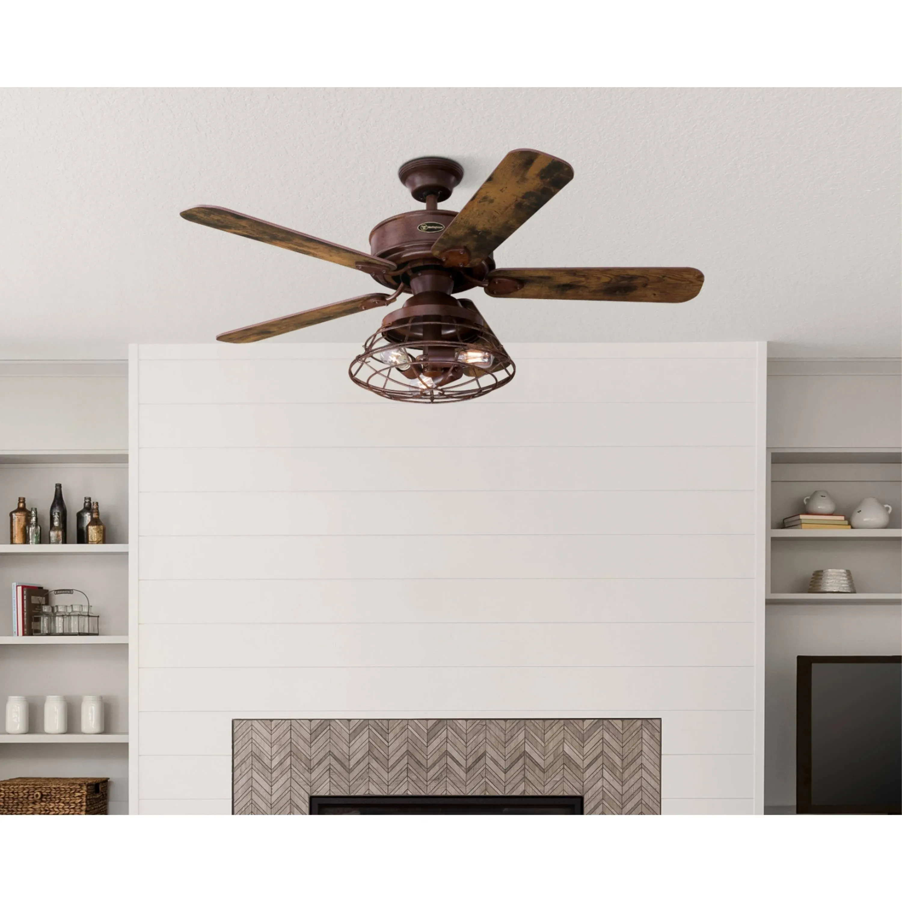 Westinghouse Lighting 7220500 Barnett 48-Inch Barnwood Indoor, Dimmable LED Light Kit with Cage Shade, Remote Control Included Ceiling Fan